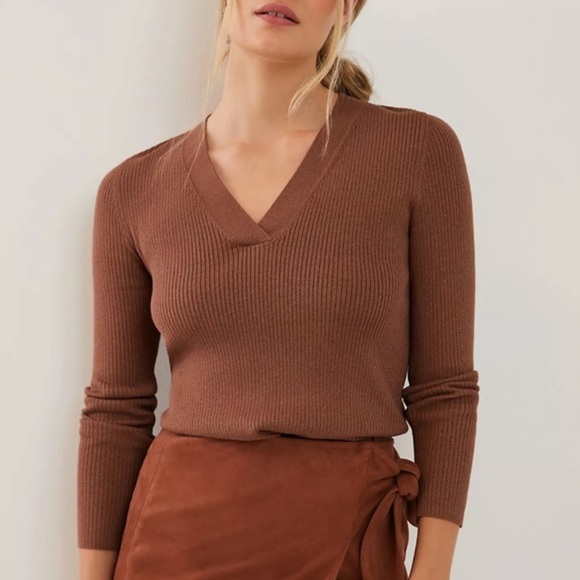 Anthropologie Sweaters - Anthropologie Maeve Thea Shimmer V-neck Ribbed Sweater in Brown - S